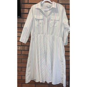 Vintage Cabrais Pastel Rainbow Stripe Midi Shirt Dress Collared Elastic Waist